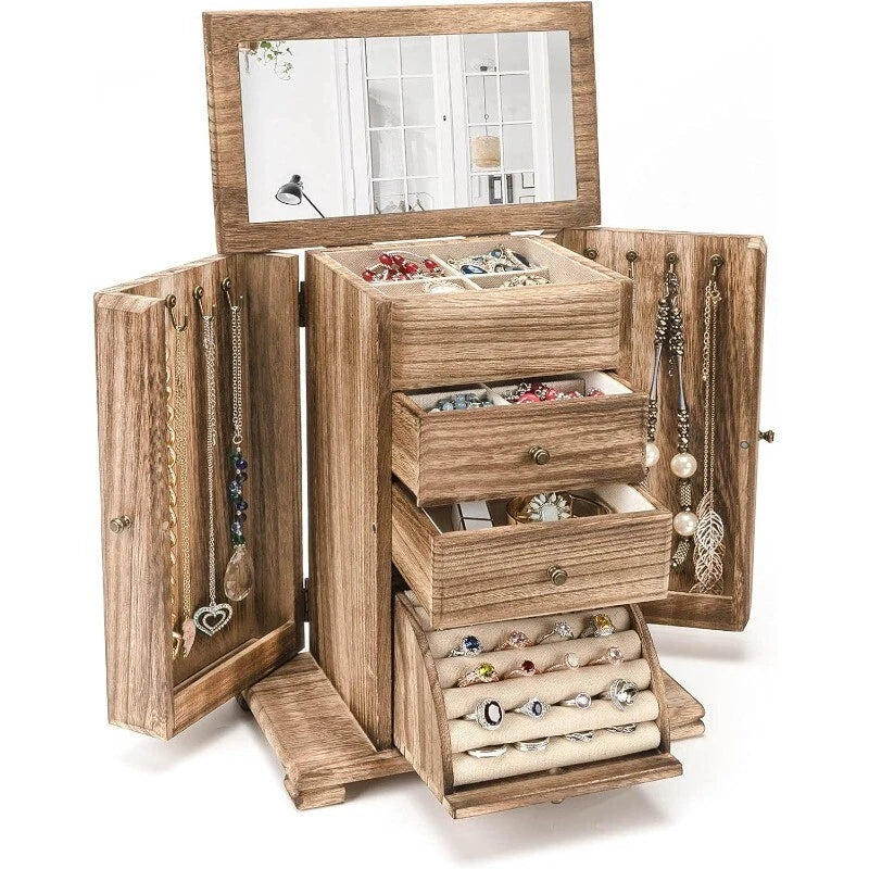 Rustic Wooden Jewelry Box Display for Women Jewelry Organizer w/ Mirror 4 Layer | eBay