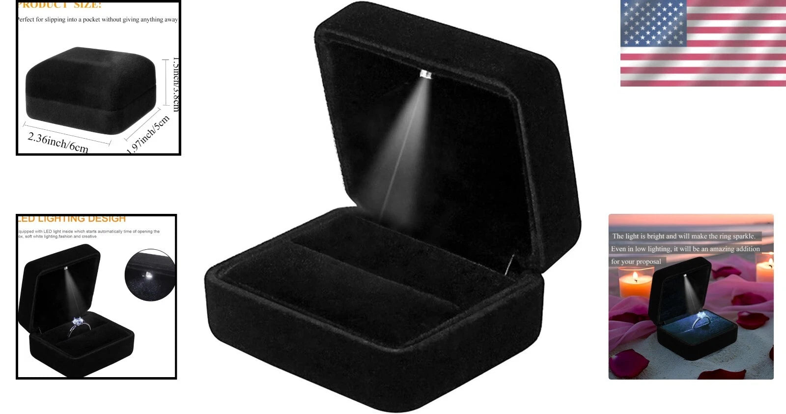 Velvet Ring Box with LED Light Jewelry Display Storage for Wedding Proposal | eBay