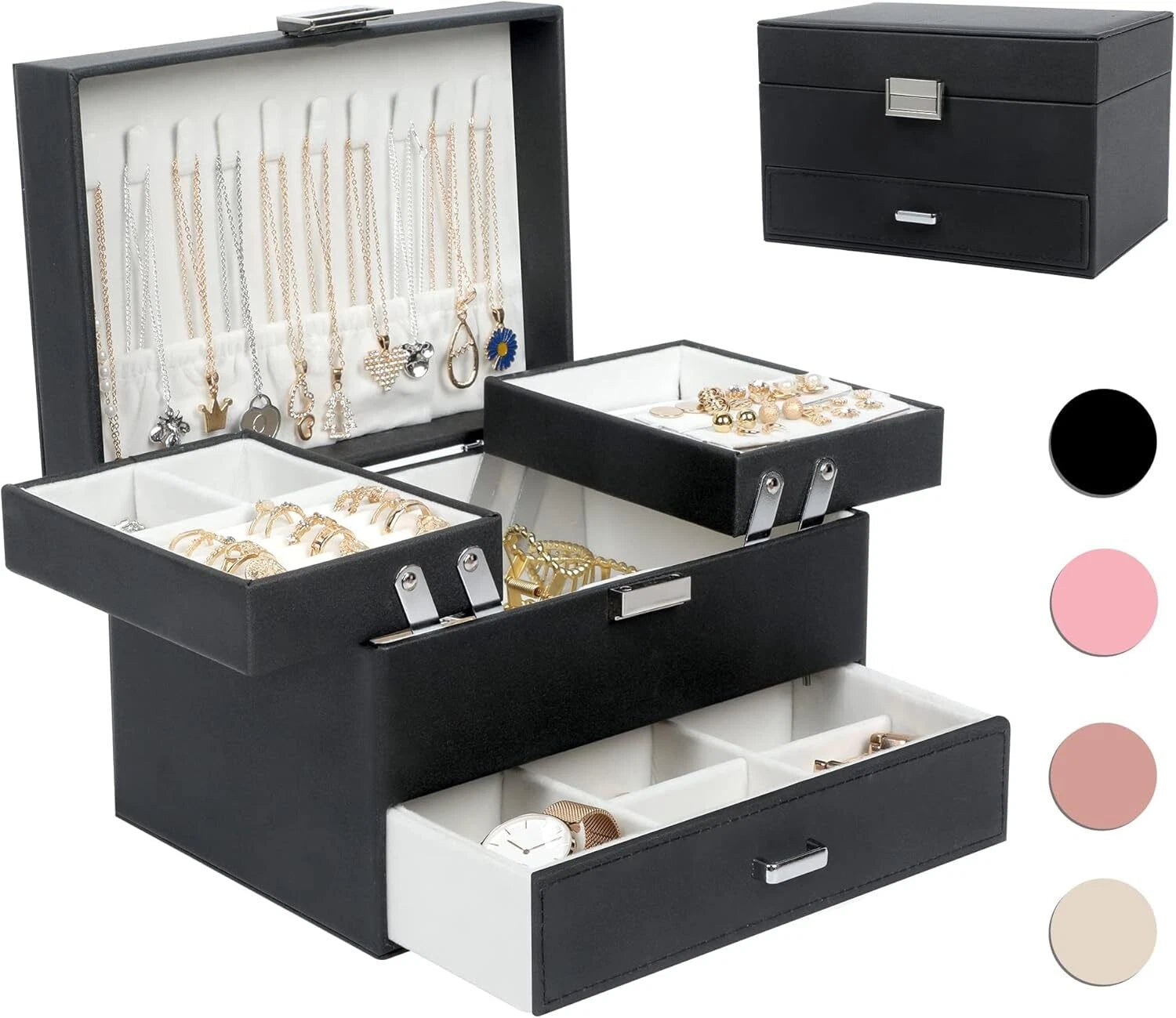 3 Layers Jewelry Boxes for Women Girls, Jewelry Storage Organizer,Black | eBay