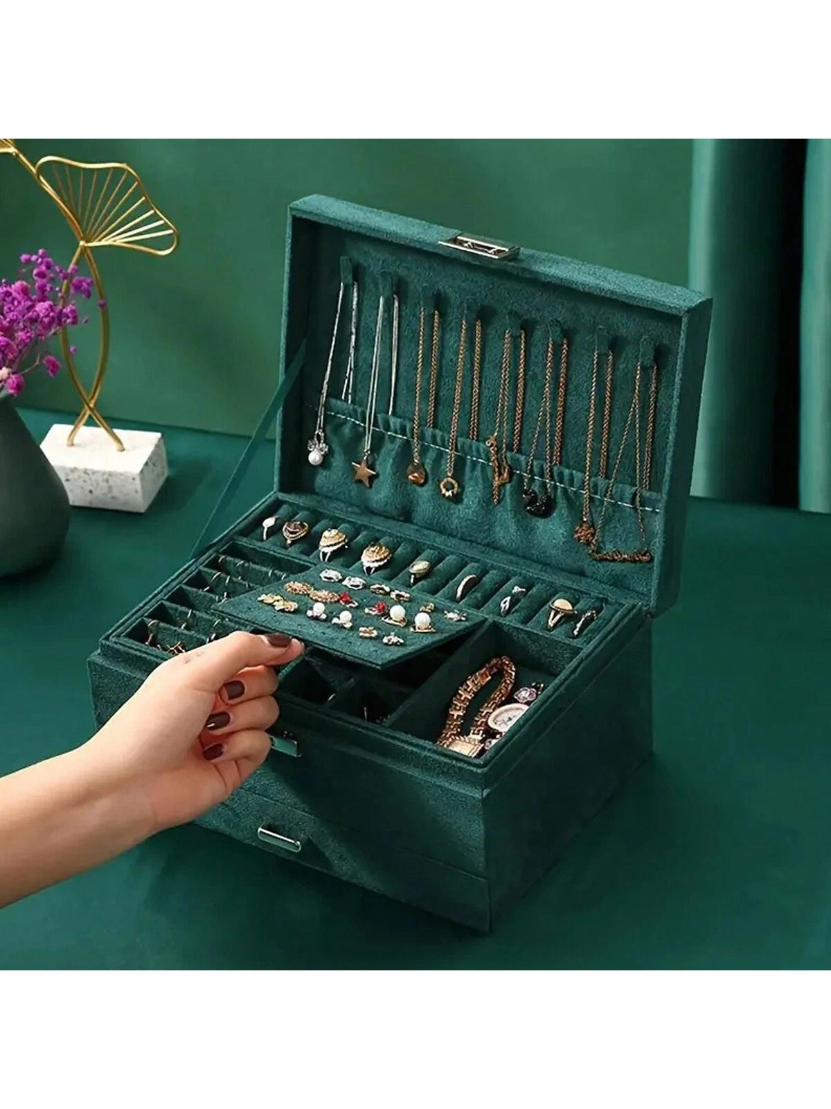 1Pc 3 Layer Jewelry Storage Box, Vintage Velvet Lockable Jewelry Box, Storage Or | eBay