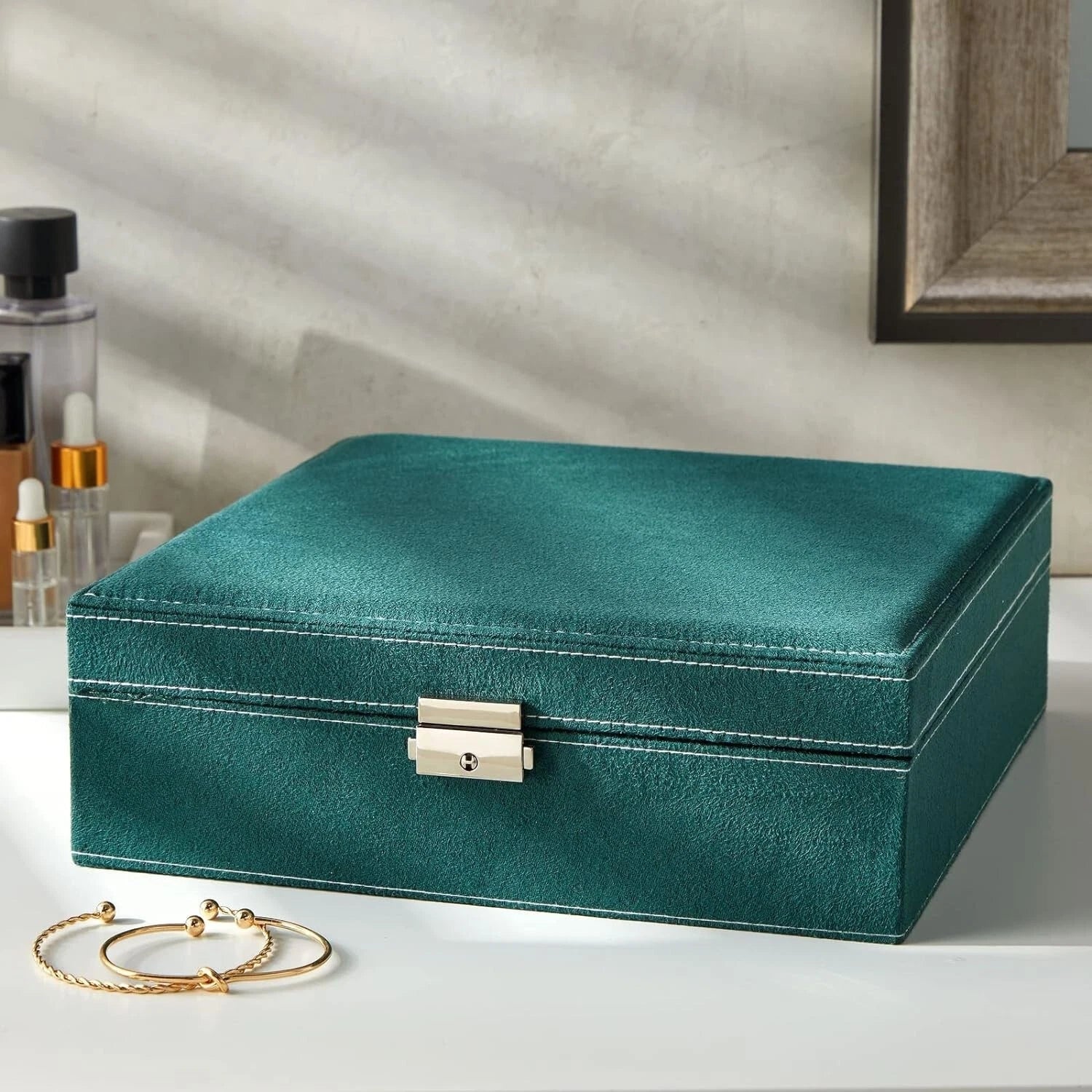 Green Velvet Jewelry Box Organizer - Lockable 2 Tier Travel Case, Removable Tray | eBay