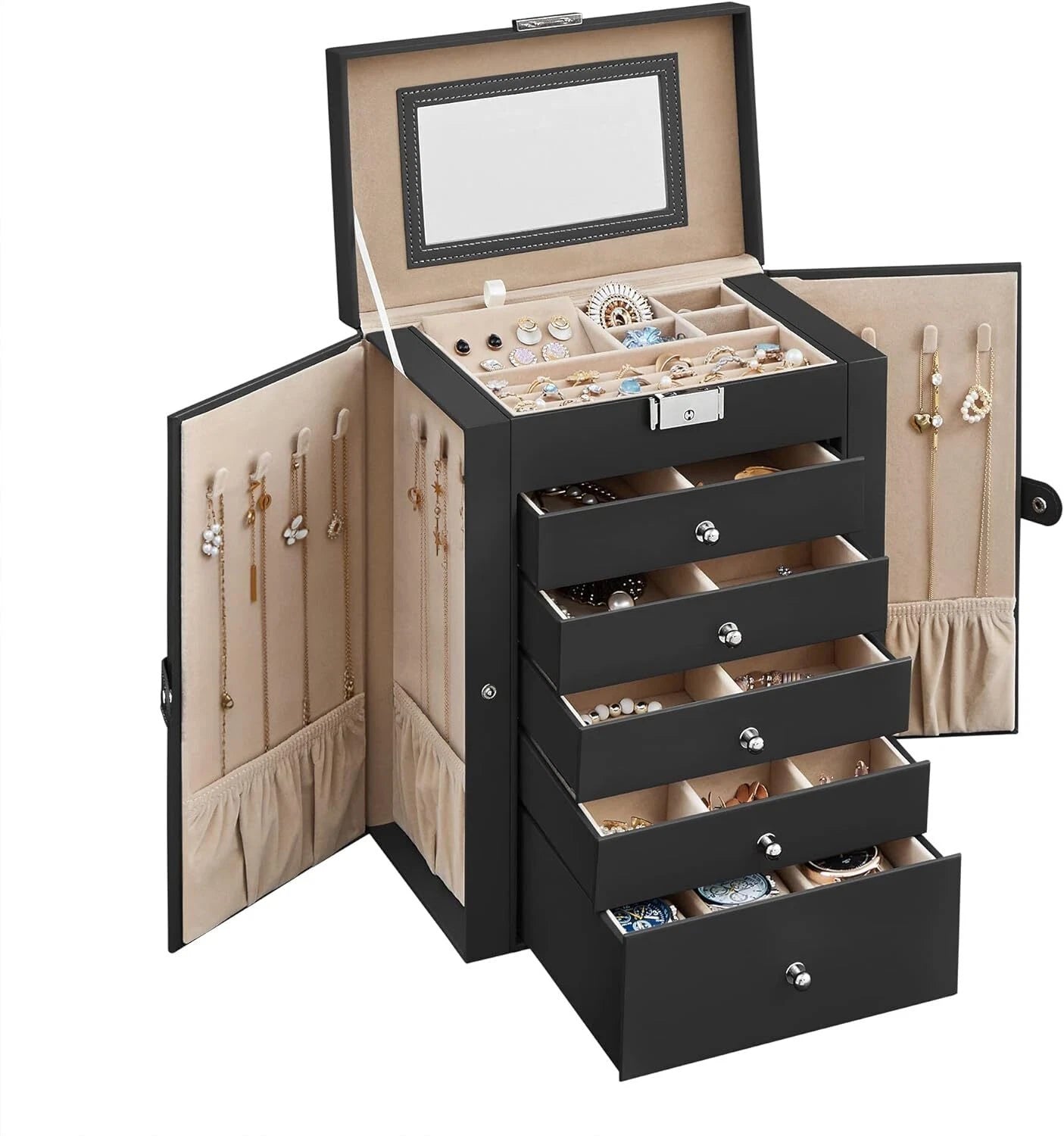 6 Tier Jewelry Box Case with 5 Drawers Mirror Lockable Jewelry Storage Organizer | eBay