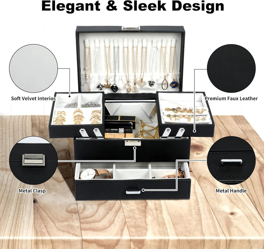 3 Layers Jewelry Boxes for Women Girls, Jewelry Storage Organizer,Black | eBay