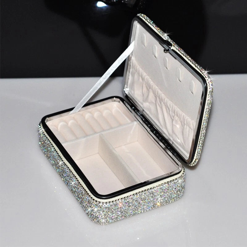 Rhinestone Jewelry Box with Mirror Portable Cosmetic Jewelry Earrings Ring Case | eBay