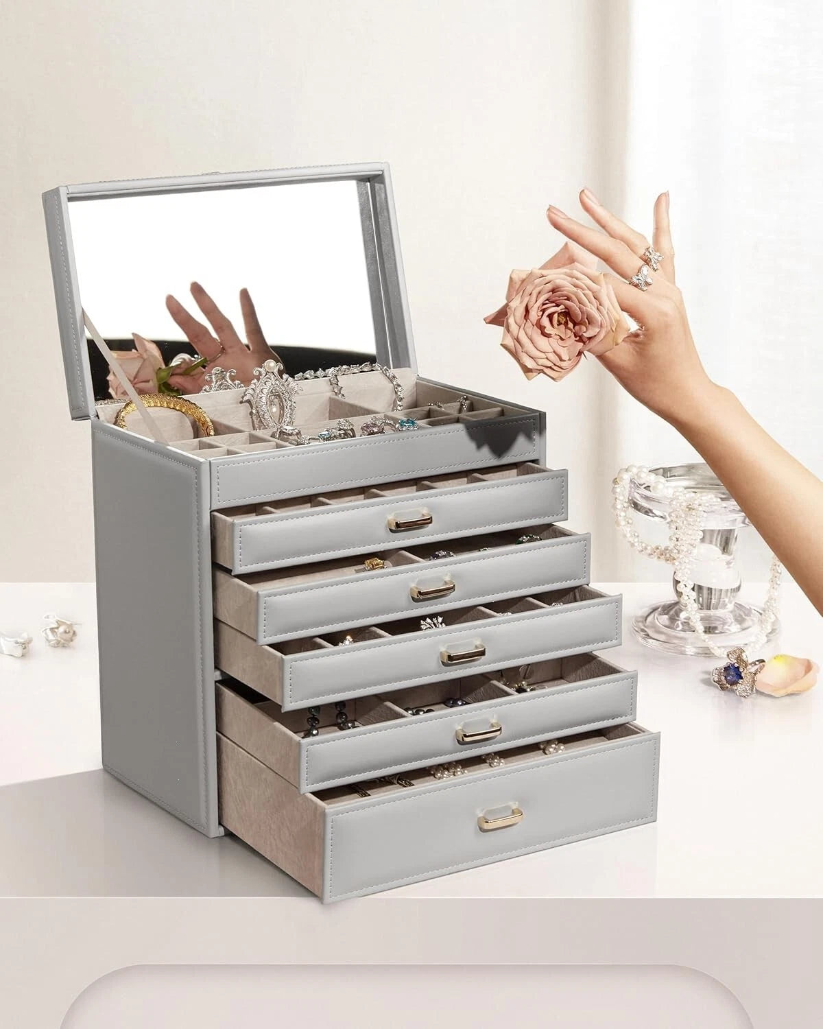 6 Tier Large Jewelry Box for Women - Big Jewelry Organizer Box with Mirror | eBay