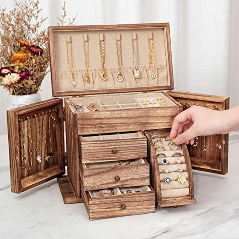 Solid Wood Jewelry Box Organizer Necklaces Rings Earrings Bracelets Rustic Gift | eBay