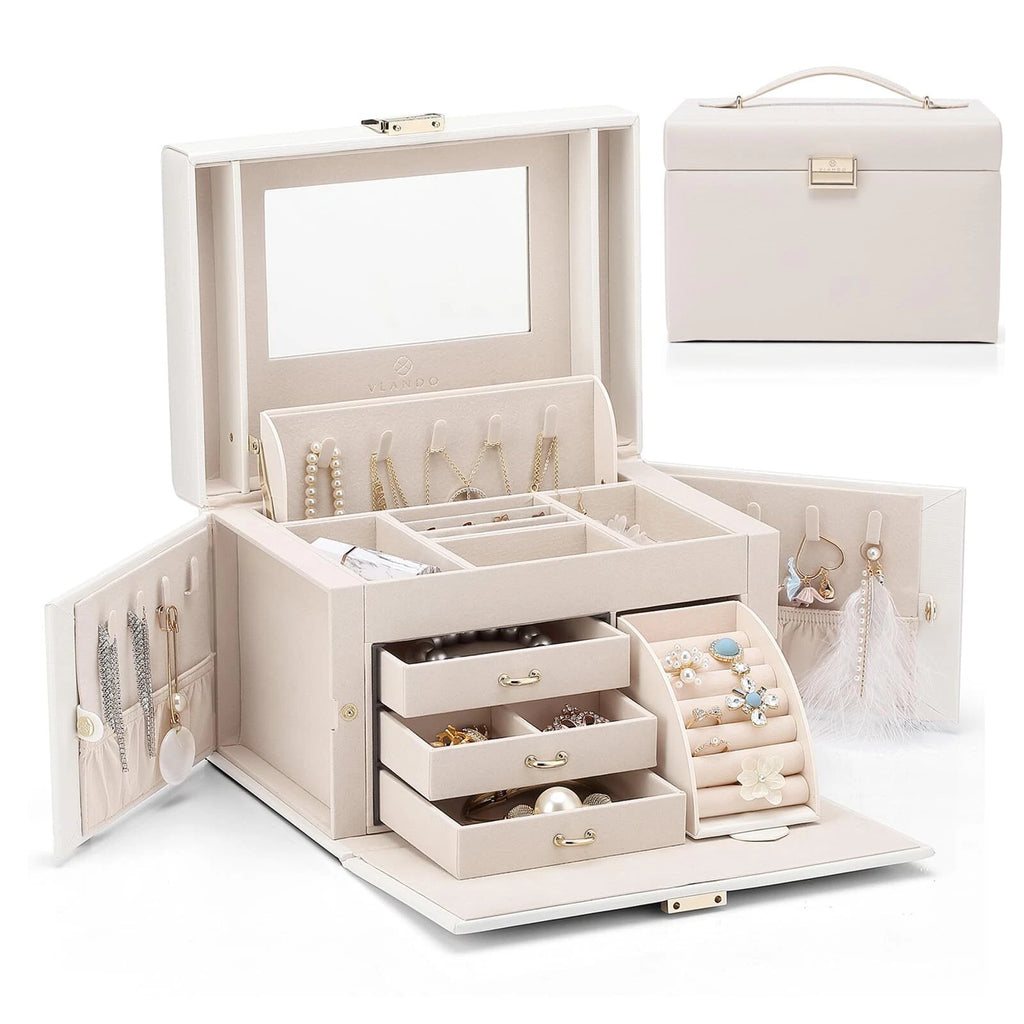 Vlando Mirrored Jewelry Box Organizer Leather Jewelry Storage Case Necklaces ... | eBay