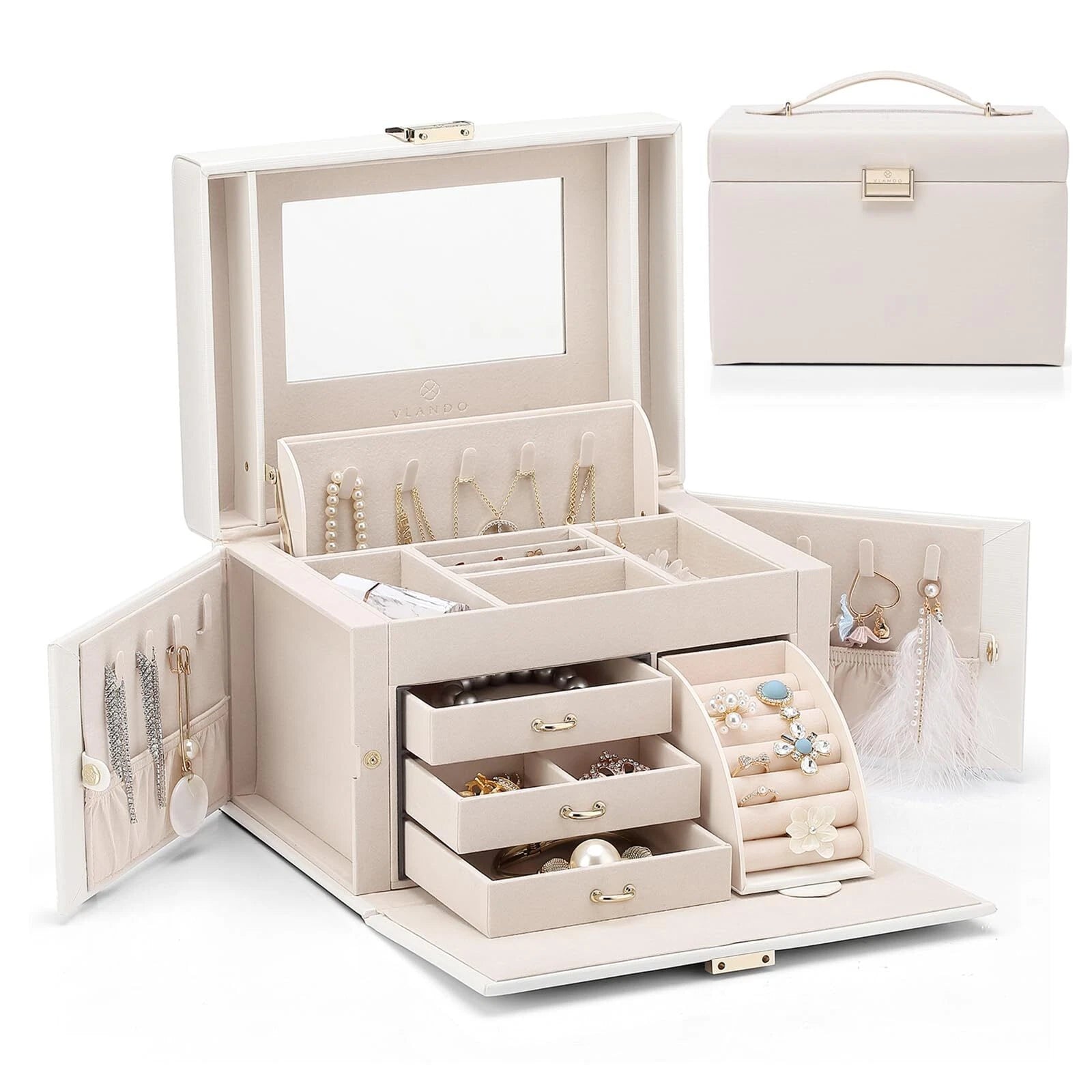 Vlando Mirrored Jewelry Box Organizer Leather Jewelry Storage Case Necklaces ... | eBay