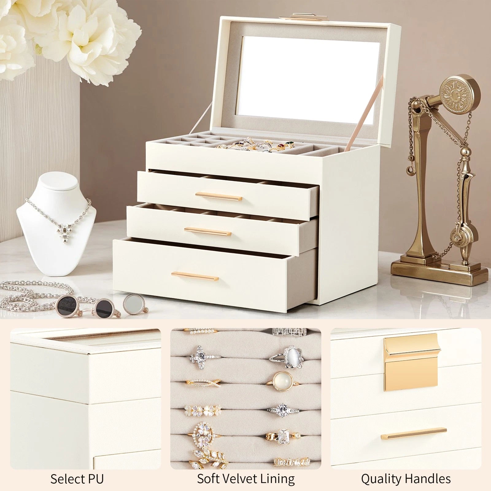 Deluxe White Velvet Jewelry Box with Clear Top Two Drawer Storage Case | eBay